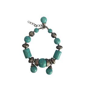 Faux Turquoise & Antique Silver Charm Beaded Bracelet W/Adjustable Chain Clasp